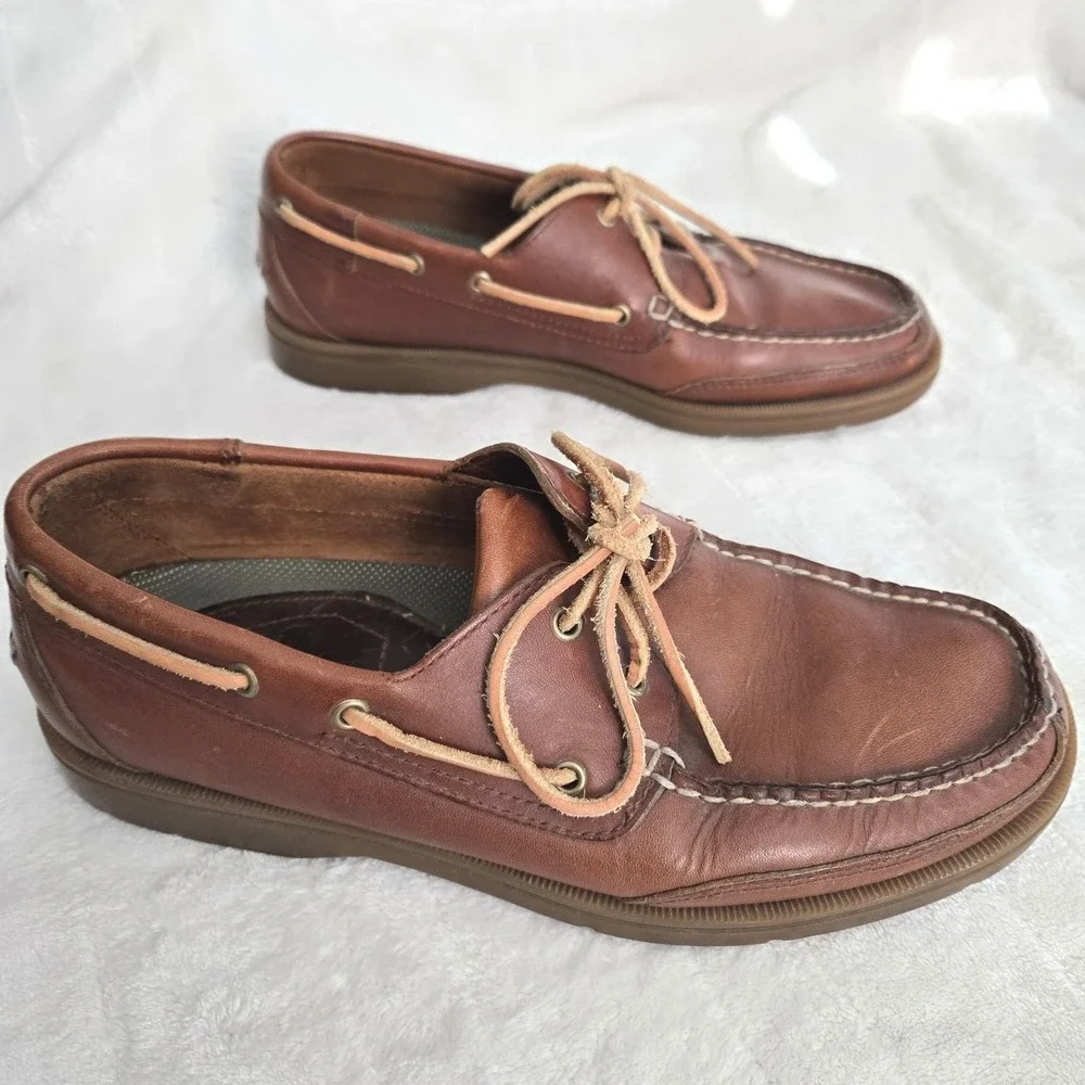 Frye-ROCKPORT‎ Colab Mens Boat Shoes Size 9W Leather Brown Rawhide Ties Nautical